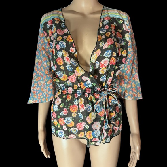 Vintage Flared Bell Sleeve Crop Wrap Top Boho Summer Size M Floral Beach 60s - Picture 1 of 11